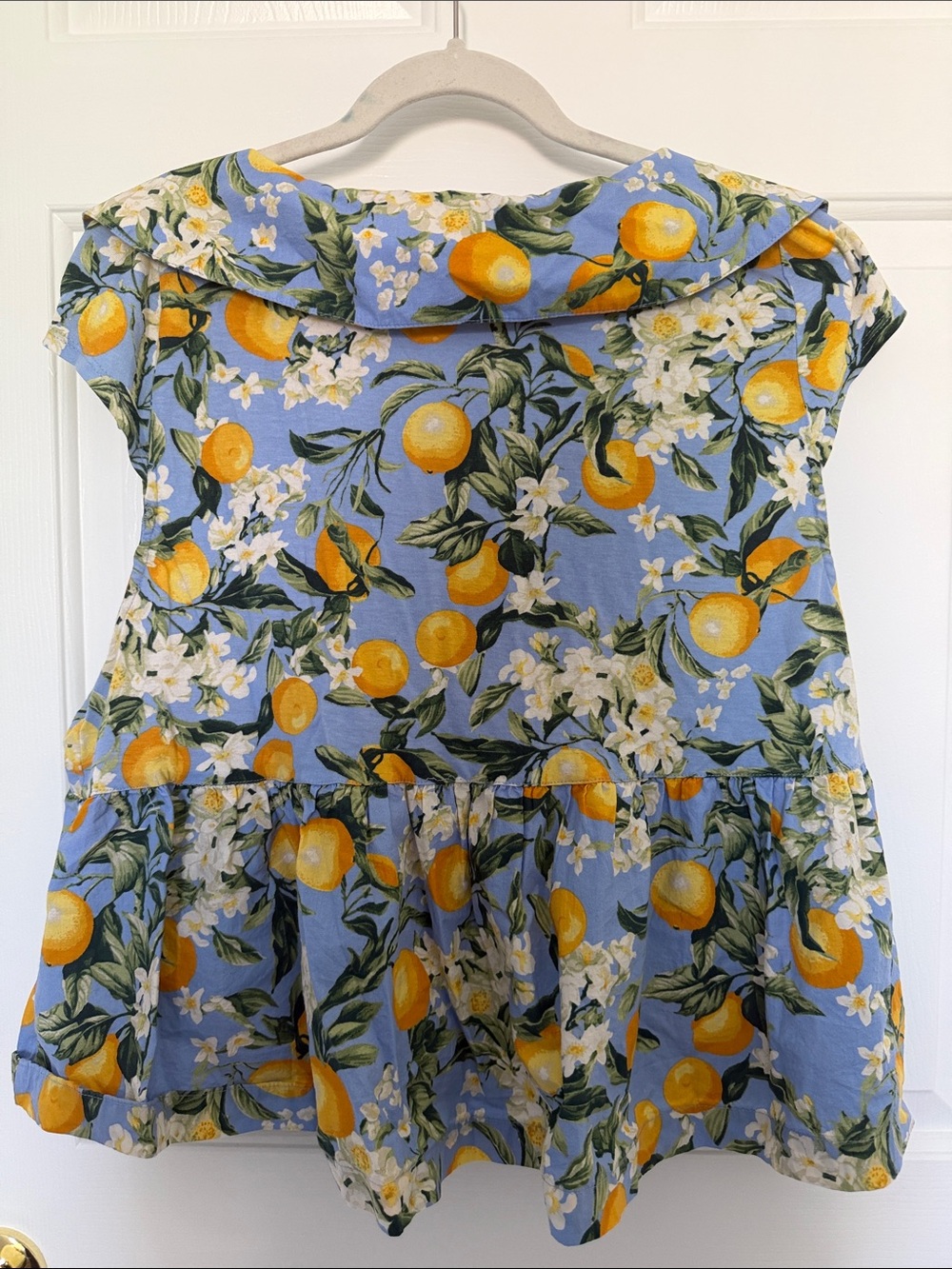 Anthropologie Maeve Blue Lemon Print Sleeveless Babydoll Ruffle Tie Blouse - Picture 3 of 6